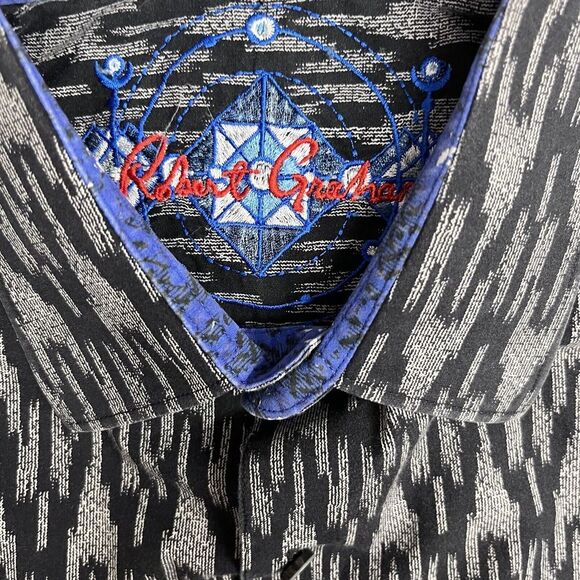 Robert Graham Mens Sz Medium Classic Fit Flip Geometric Cuff Shirt Navy/Gray euc - Picture 4 of 8
